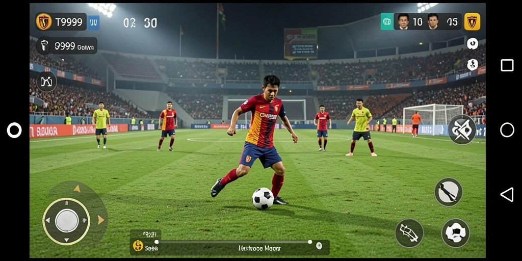 Screenshot game T9999 menampilkan aksi seru di lapangan sepak bola.