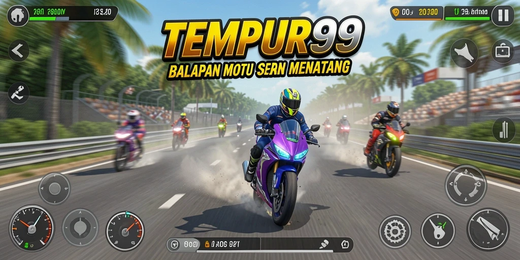 Tampilan gameplay seru dari TEMPUR99 saat balapan motor.
